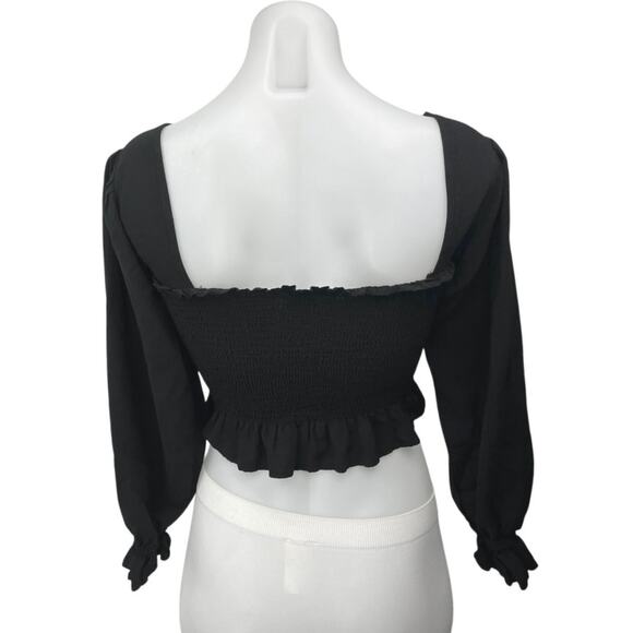 Nordstrom BP Black Smocked Ruffle Balloon Sleeve Square Neck Crop Blouse Top XXS - Picture 2 of 5